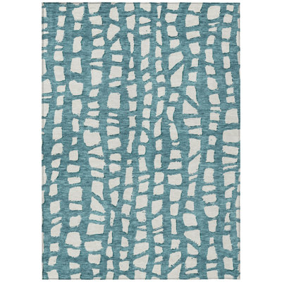 Tapis d'extérieur lavable abstrait bleu sarcelle et ivoire 3 pi x 5 pi