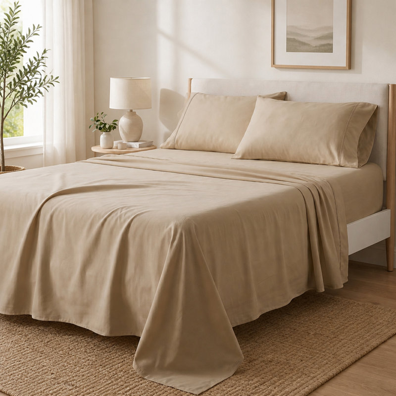 Cooling Bamboo Rayon Hypoallergenic Bedding Set, Split King Sheet Set with 2 Pillowcases, khaki