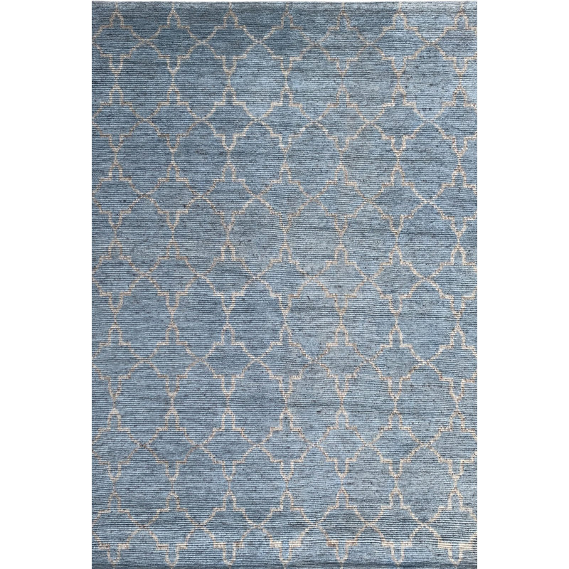 Blue Hand-Knotted Wool Lattice Diamond Geometric Modern Contemporary Carpet Rug, 9' x 12'