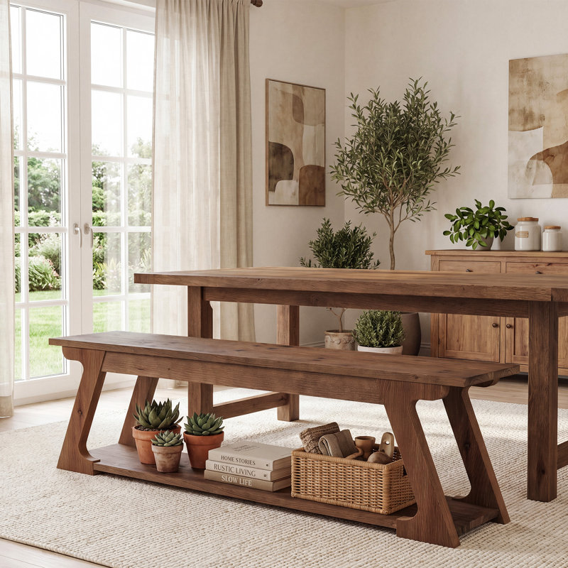 Banc de salle à manger 59 "en bois massif avec tablette de rangement