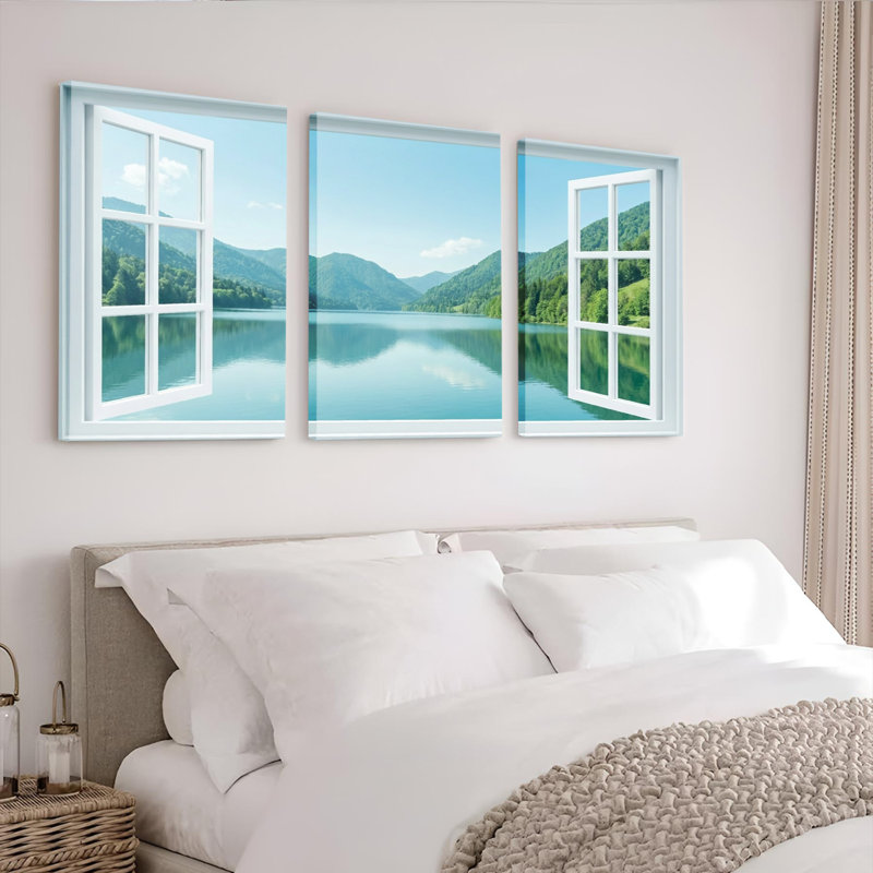 Ensemble de 3 tableaux sur toile encadrée avec vue sur le lac et la montagne, pour la décoration du salon et de la chambre.