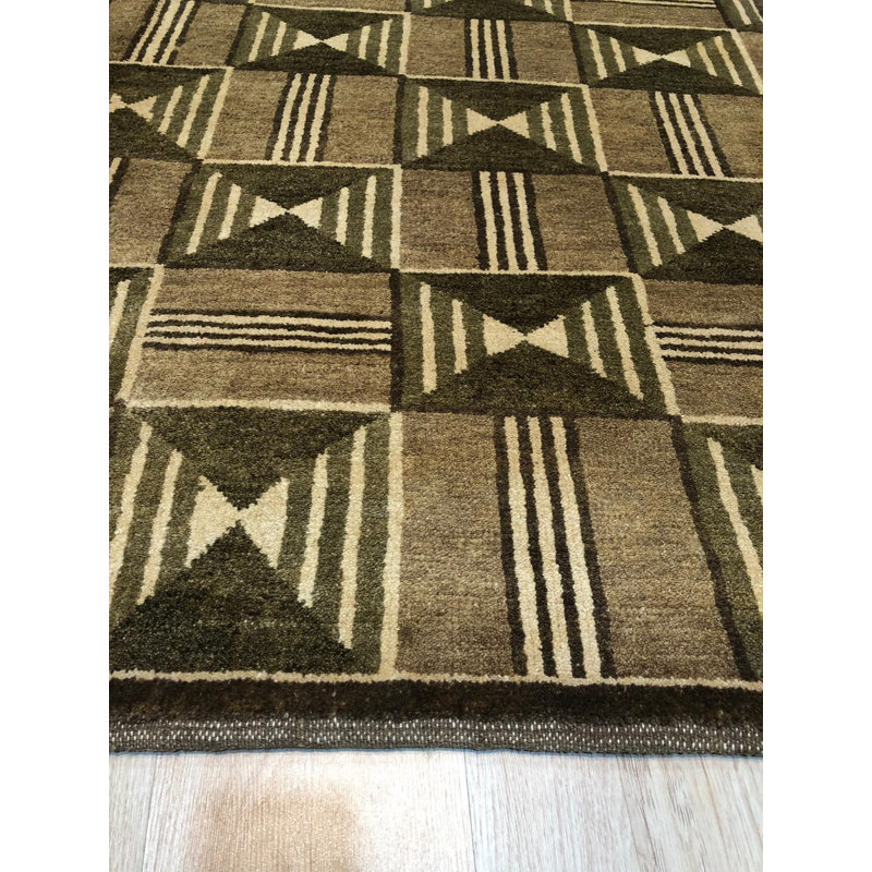 Brown Hand-Knotted Wool Framed Triangles Geometric Modern Contemporary Carpet Rug, 6' x 9'