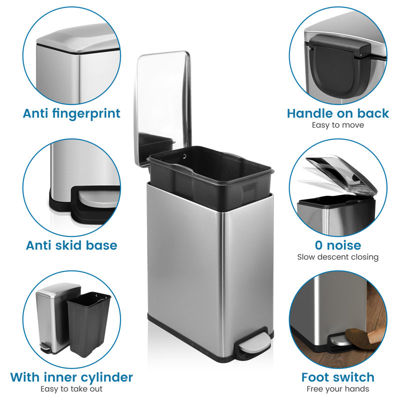 Slim Brushed Stainless Steel Step-On Trash Can 12.9 Gallons