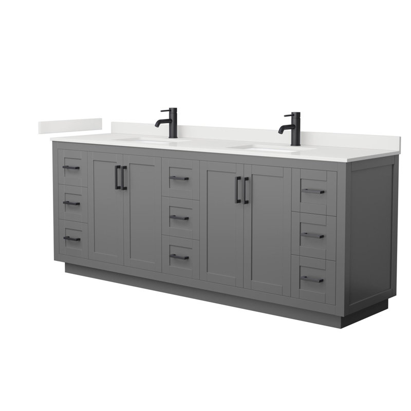 Meuble-lavabo double autoportant de 84 po avec plateau en quartz Miranda, Quartz blanc, Gris foncé, Noir mat