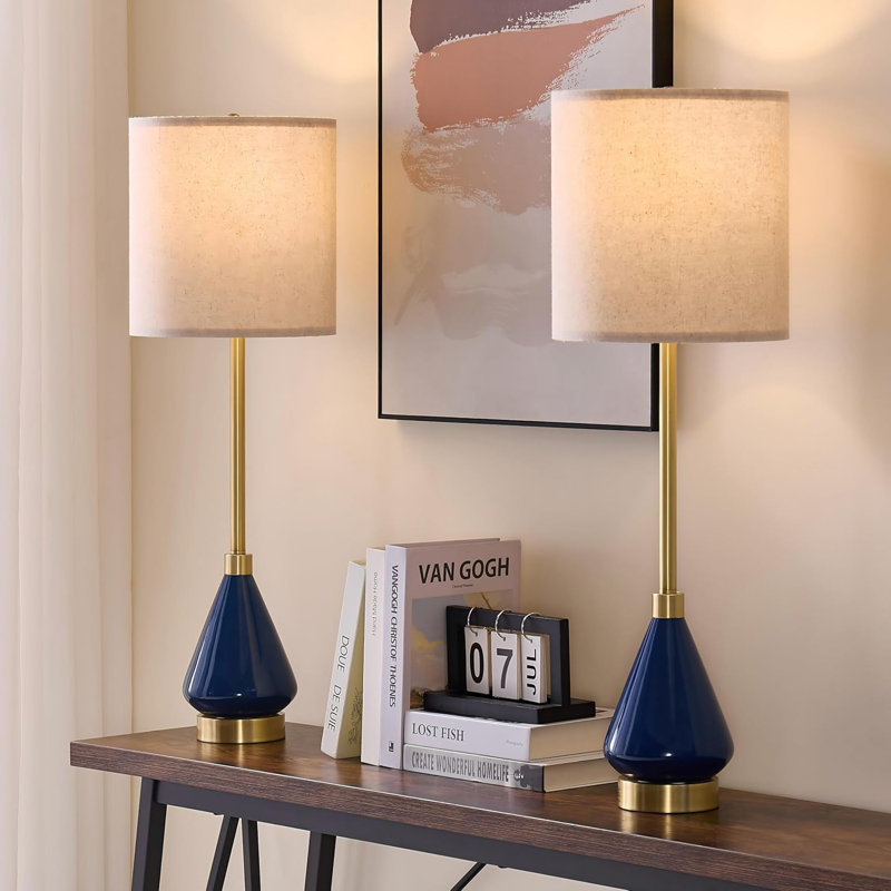 Set Of 2 Gold Ceramic Table Lamps For Living Room, 32 Inch Tall Buffet Lamps With Oatmeal Linen Shade, Modern Candlestick Design For Console, Hallway, Bedroom Or Credenza