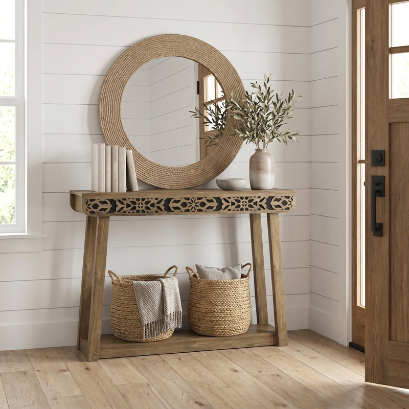 Chul 43.3" Traditional Console Table With Curved Edge Top, Knotty Oak