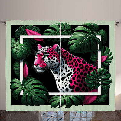 Ambesonne Curtains 2 Panel Set, Abstract Jungle Wild Cat, Emerald Magenta and Black -  p_429950_108x84