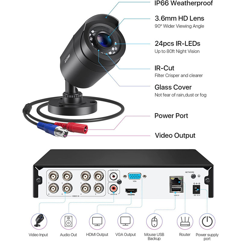 8CH DVR Security Camera System with 2TB HDD, 8 X 1080P Wired Bullet Outdoor Cameras, Motion Sensor