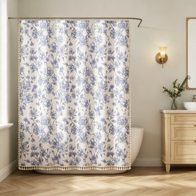 Farmhouse Floral Shower Curtain With Tassel Trim, Rustic Chaffins Textured Bathroom Curtain, Vintage Cottage Design, Includes 12 Metal Hooks, 72X72 Inches