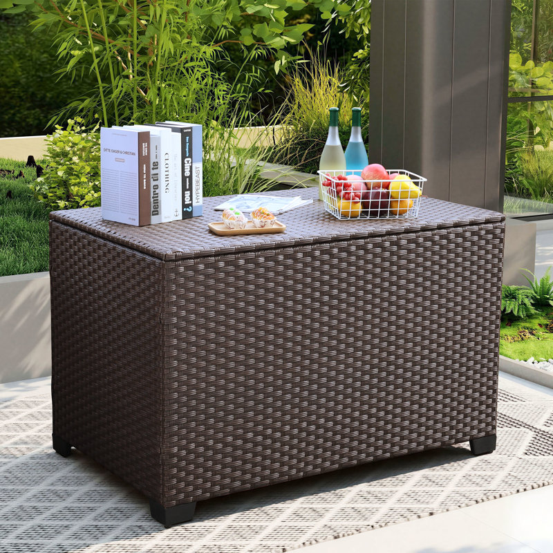 Rattaner Resistant Wicker Deck Box with Gas Spring Lid and Zippered Waterproof Inner Bag, 29.7" H x 46.5" W x 28.3" D, Brown