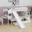 Lit superposé simple au-dessus de simple avec tiroirs et tablettes, lit superposé en bois avec escalier de rangement et bureau-354836956