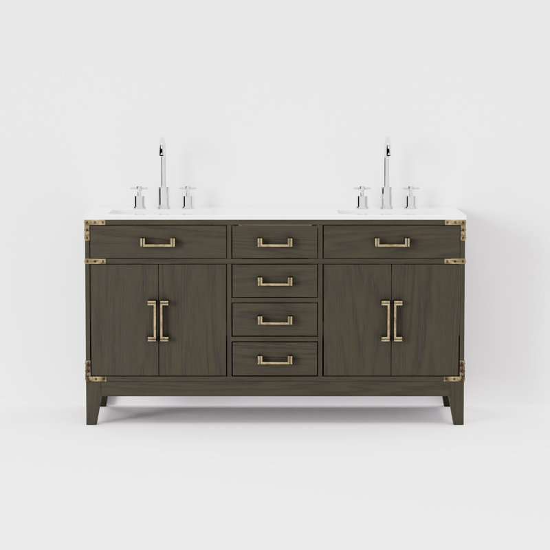 Ensemble de meuble-lavabo double 60 po x P 22 po Laurel, Chêne brun, Marbre de culture blanc