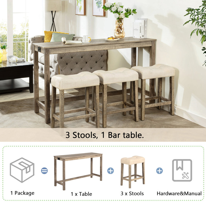 Ensemble de table de bar 4 pièces avec prise de courant, ensemble de table de bar et chaises, ensemble de table de bar avec 3 tabourets rembourrés pour le salon, la salle à manger et la salle de jeux