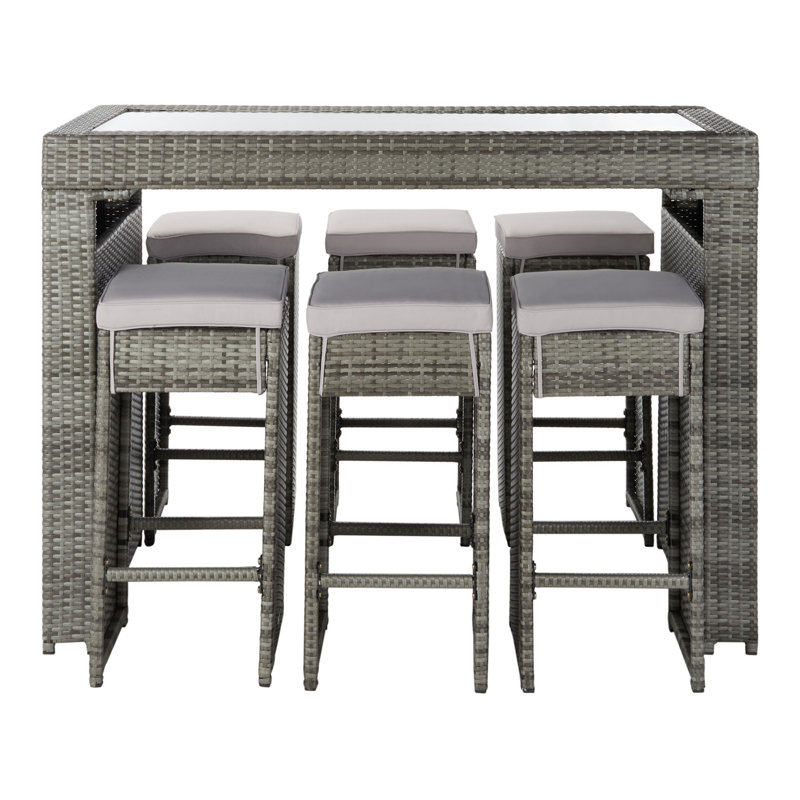 Weisser 6-Person Wicker Bar Height Dining Set with Glass Tabletop , Gray, Gray