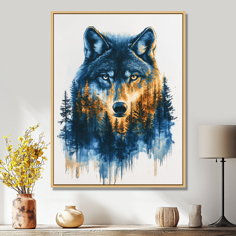 Giesbert, loup doré dans un paysage de forêt bleue III - loup, décoration murale, H 40 po x l 30 po, Crème, crème