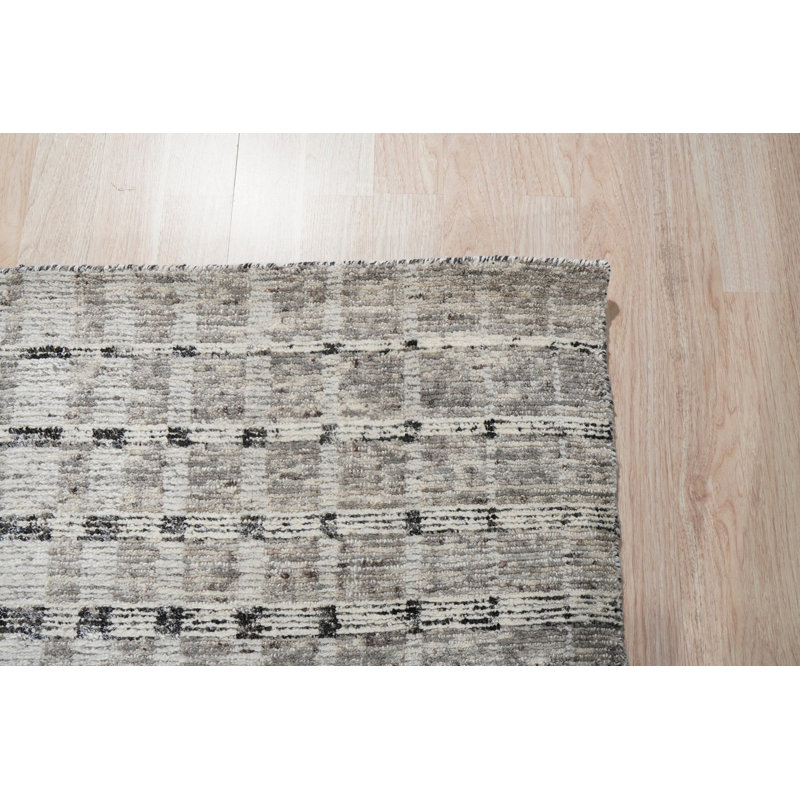 Gray Hand-Knotted Wool Fading Gridwork Geometric Modern Contemporary Carpet Rug, 8' x 10'