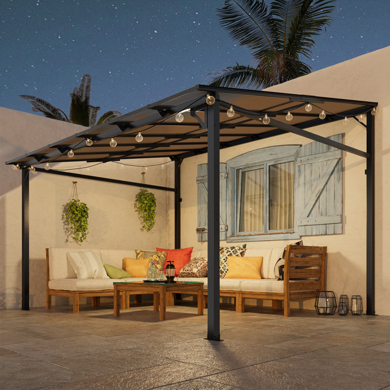10X12ft Pergola with Sloped Roof, 4-Pillar PC Top Patio Shade Structure for Garden, Backyard & Deck