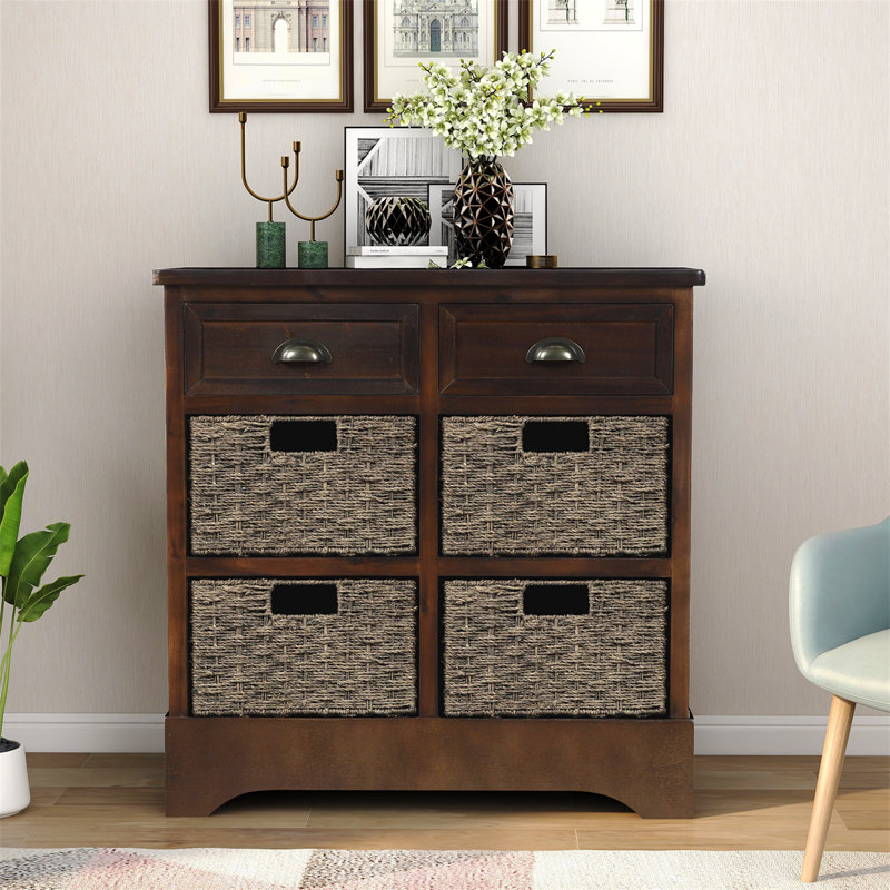 Small Console Table with Drawers and 4 Removable Rattan Basket, Espresso