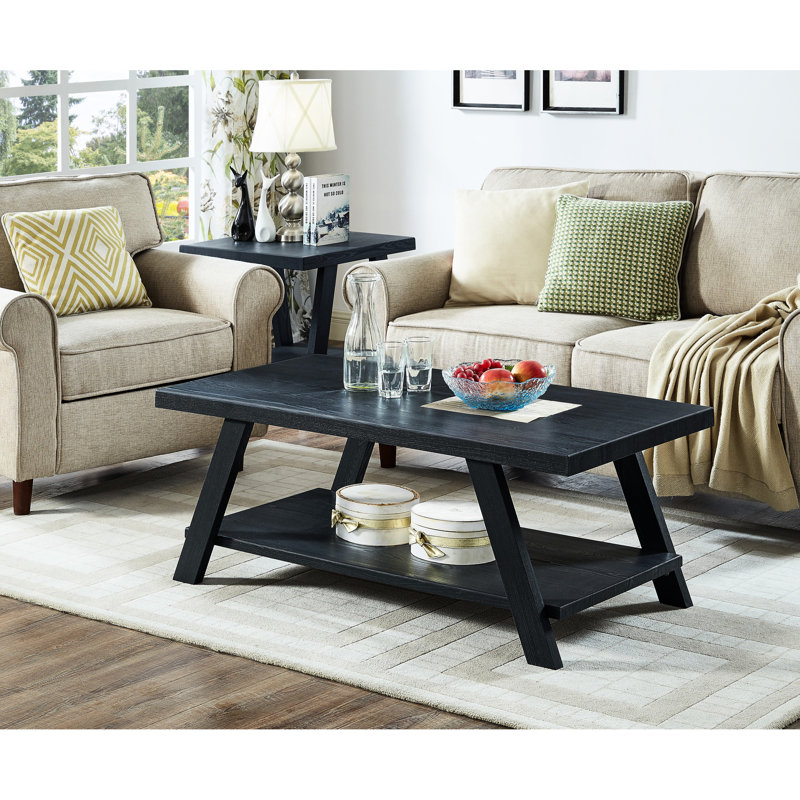 Table basse contemporaine en bois à finition noire avec tablette et pieds exquis en angle noir, Noir