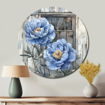 Steel Blue Peonies By The Tool Shed - Peonies Round Metal Wall Art