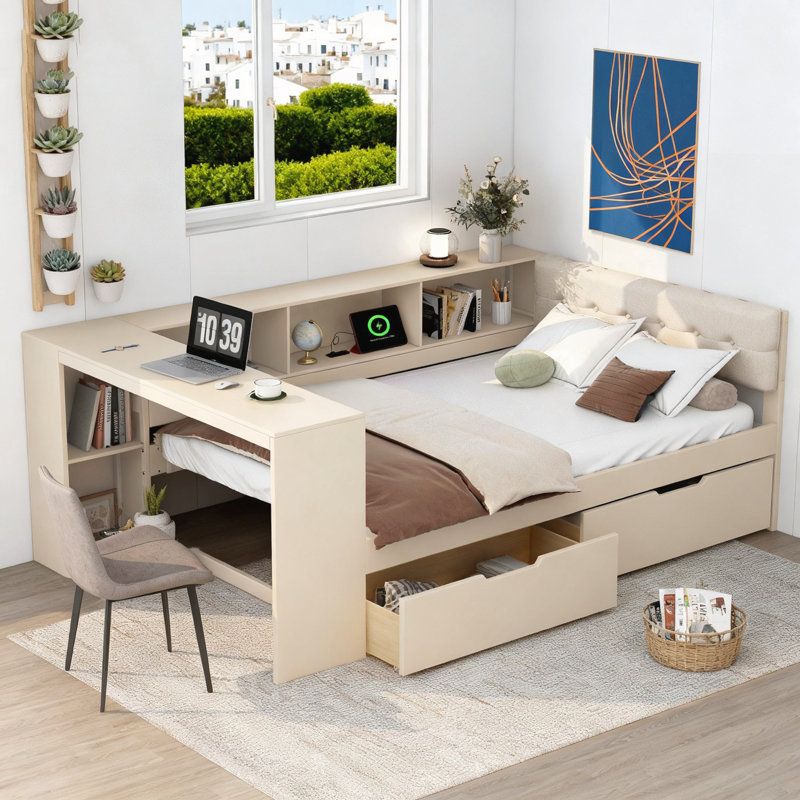 Lit plateforme en bois avec tablettes de rangement, Cream, Double