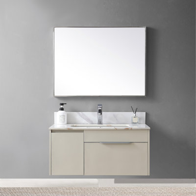 Dessus de meuble-lavabo en pierre de 31 pouces de couleur or de Carrare avec lavabo en céramique encastré et trou de robinet simple avec dosseret