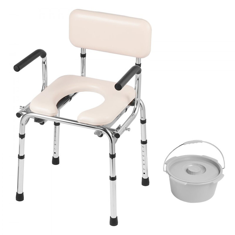 Chaise Commode, commode de chevet avec siège rembourré, accoudoirs rabattables, hauteur réglable à 7 niveaux
