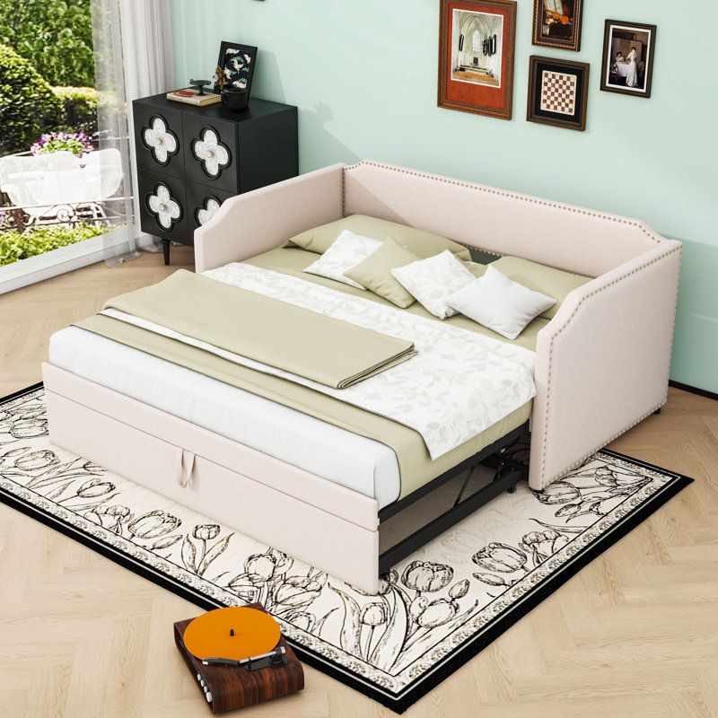 Twin-Size Upholstered Daybed with Pop-Up Twin Trundle, Beige