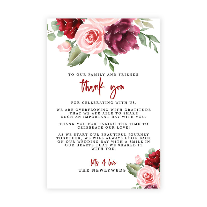 Ensemble de 56 cartes de mariage Blush et bourgogne à motif de remerciements pour la réception de table, famille, amis
