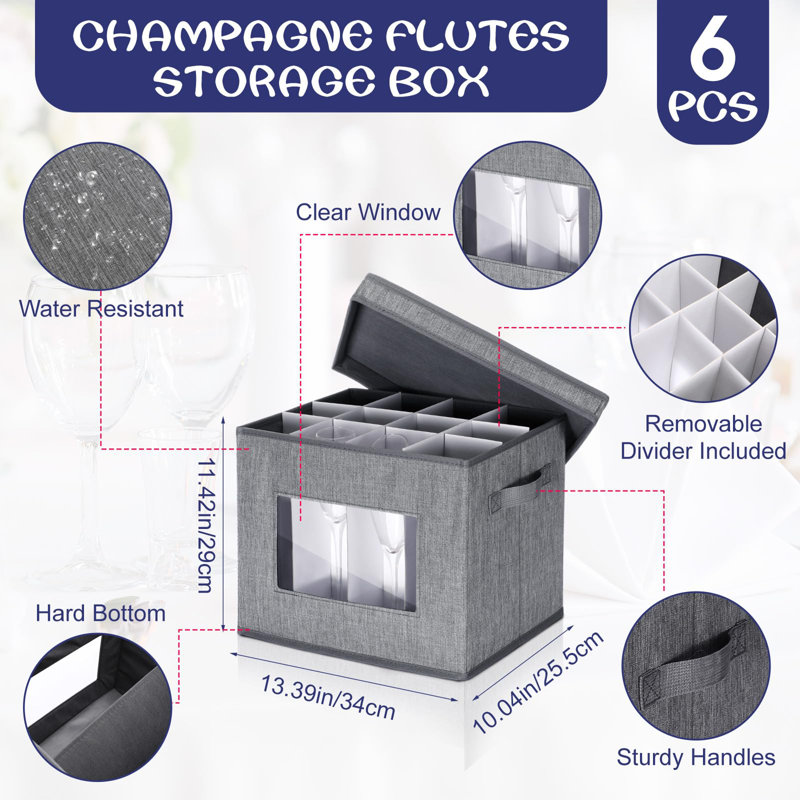 6 Pack Wine Glasses Storage Box With Dividers, 12 Compartments Stemware Storage Cases, Grey