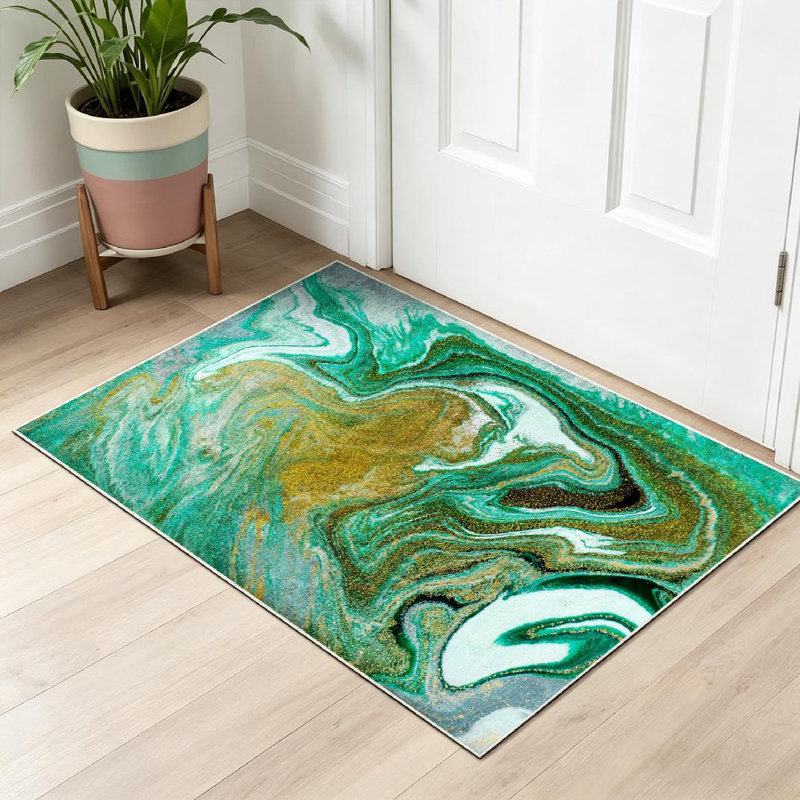 Tapis d'intérieur vert marbré vert lavable à la machine, Rectangle 32 po x 47 po
