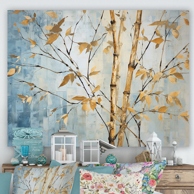Or et bambou bleu sur toile, H 24 po x l 32 po x P 1 po, Toile tendue