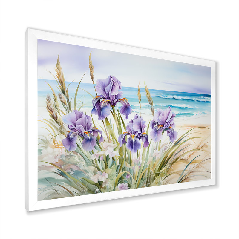 «Mauve iris sur la plage II», reproduction d'art sur toile, H 24 po x l 32 po x P 1 po, Cadre simple blanc
