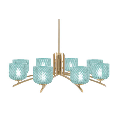 Lustre 8 lumières kurve présenté en finition nouvel âge en laiton avec verre texturé de 6 po