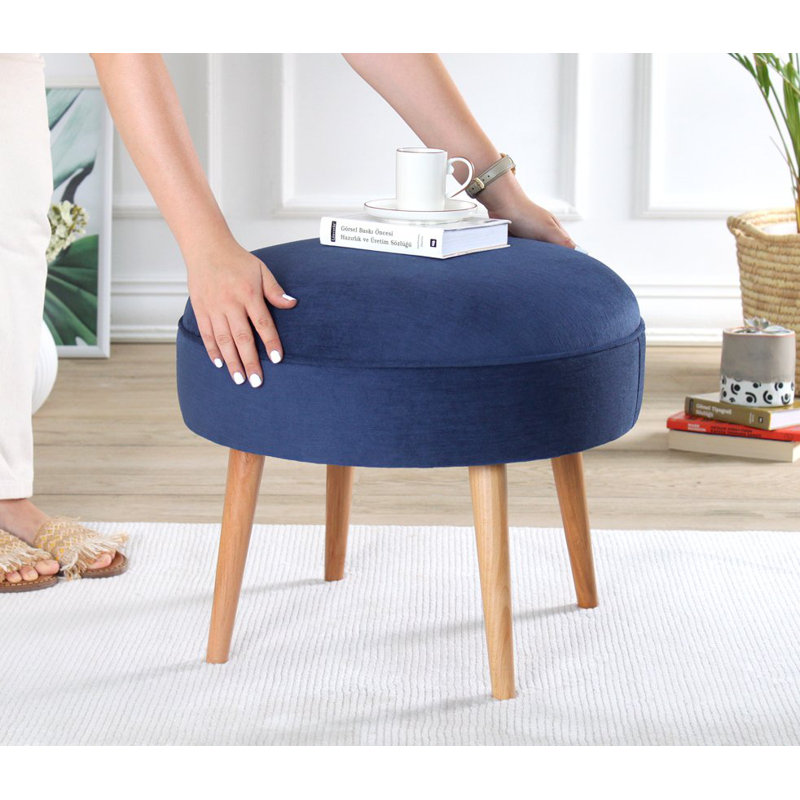 Élégant pouf avec pieds en bois de hêtre, bleu foncé, 20,5 po de diamètre x 17,3 po de hauteur | 100% coton, 35 éponges orthopédiques (épaisseur: 2,4 pouces) | Élégant et confortable pour le salon ou la chambre à coucher