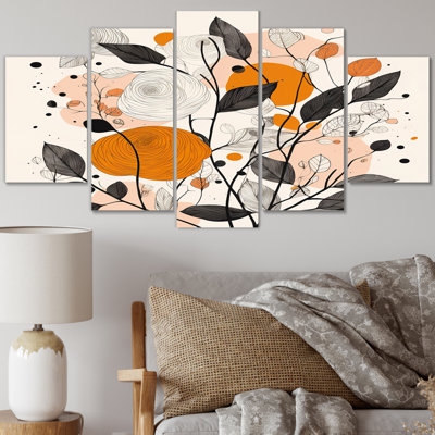 Retro Terracotta Wildflowers Illustration XII - Abstract Botanicals Wall Art Print - 5 Panels
