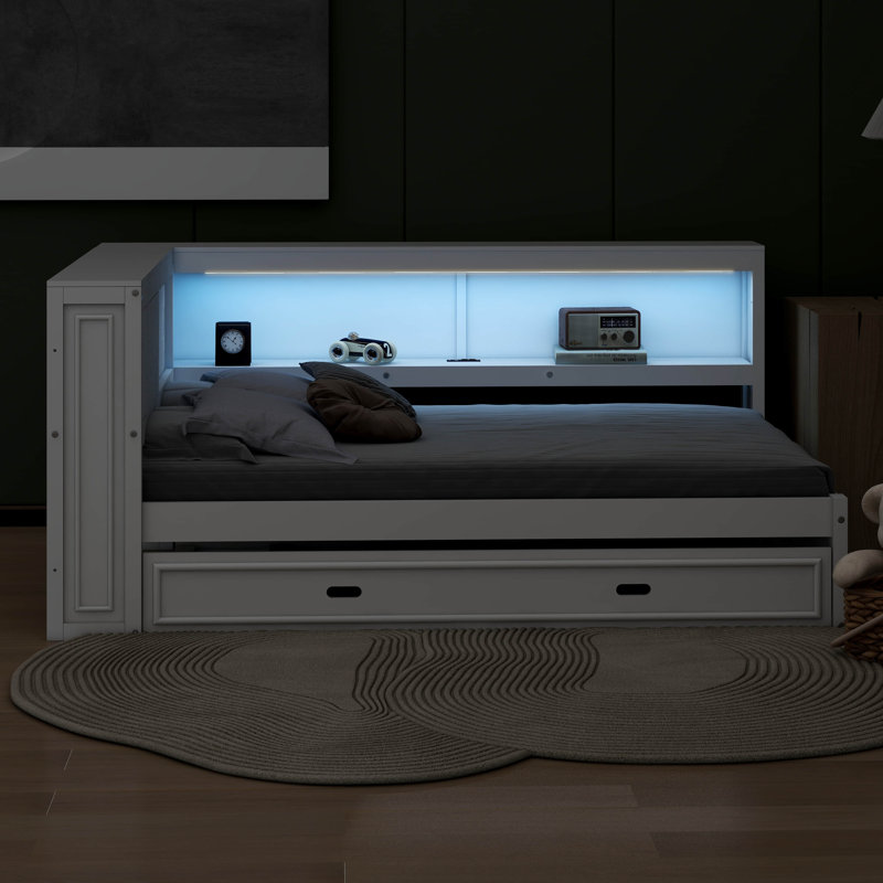 Full Size Wood Daybed With Storage Shelves, USB, LED, And Trundle, White