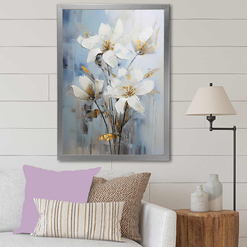Lys blancs en fleurs, impression sur toile, H 40 po x l 30 po x P 1,5 po, Cadre simple argenté