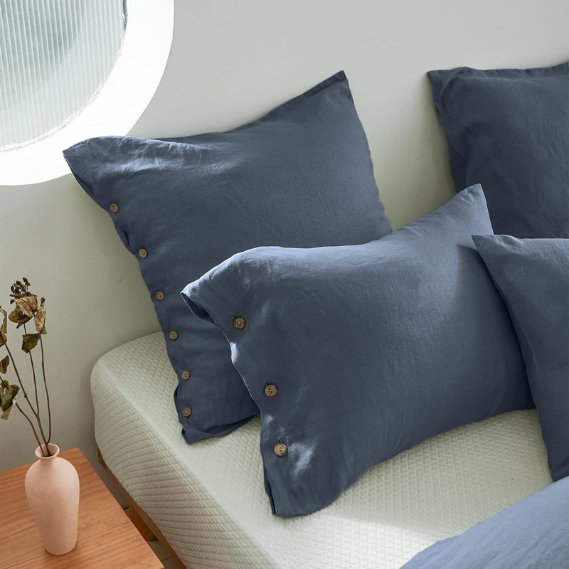 100% Washed Linen Euro Sham Cover, 26 X 26 Inch-Set Of 2, Classic Blue