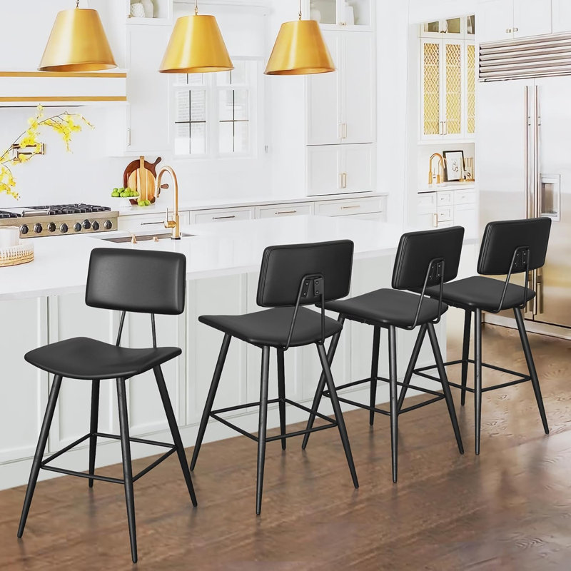 Set Of 4 Black Faux Leather Bar Stools – 25.6" Seat Height, Armless Design With Curved Backrest, Easy-To-Clean Bar Chairs For Kitchen, Pub, Or Home Bar