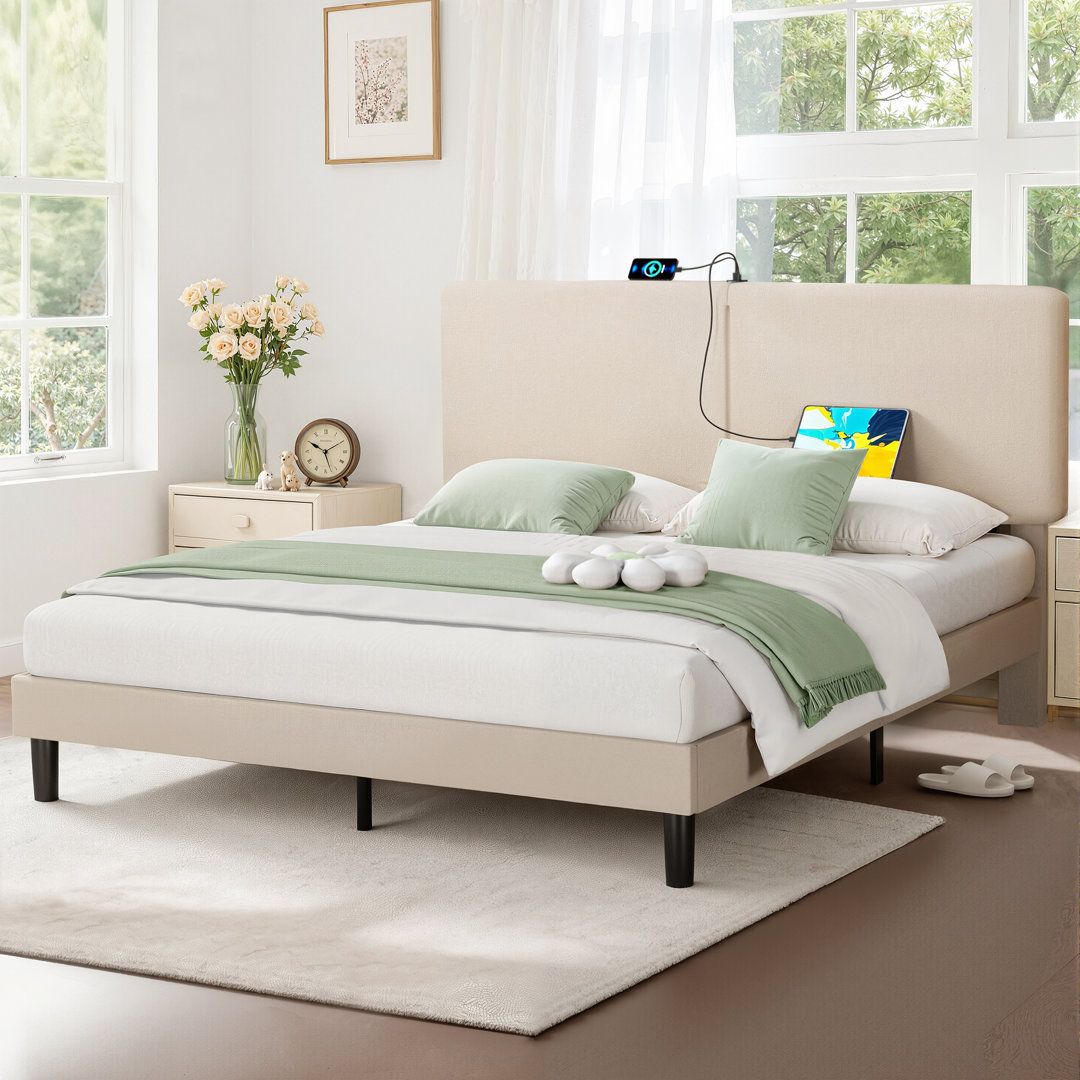 Binnett Bed with USB Port Charging Station Queen Twin Full Size Bed Upholstered Adjustable Headboard Ebern Designs 