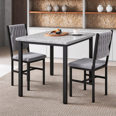 Ensemble de table et chaises de salle à manger 3 pièces, ensemble de table de cuisine en faux marbre avec 2 chaises rembourrées en velours, ensemble de 2 petites tables rectangulaires pour 2 personnes