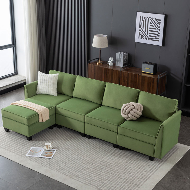 Canapé modulaire à méridienne 5 pièces Marai, Velours vert