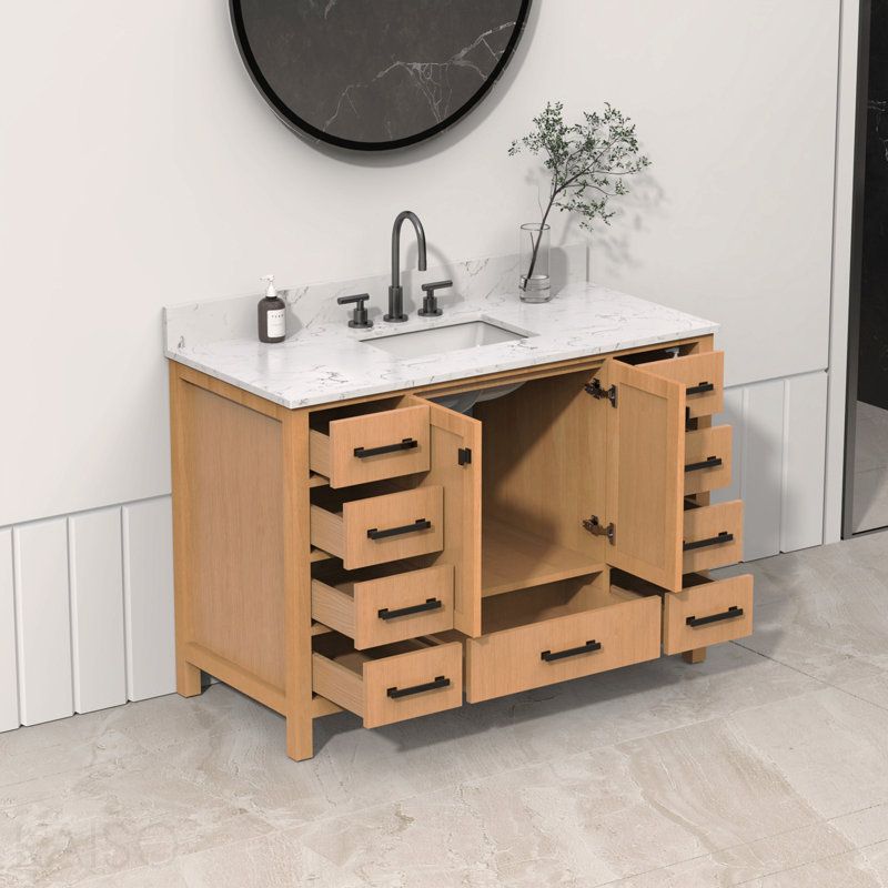 Meuble-lavabo sur pied 48 po, meuble-lavabo autoportant avec comptoir, armoire de rangement en bois massif chêne naturel