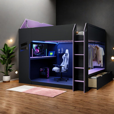 Lit mezzanine avec rangement, panneau de fibres à densité moyenne en bois avec bureau ajustable, jeux pour la maison moderne