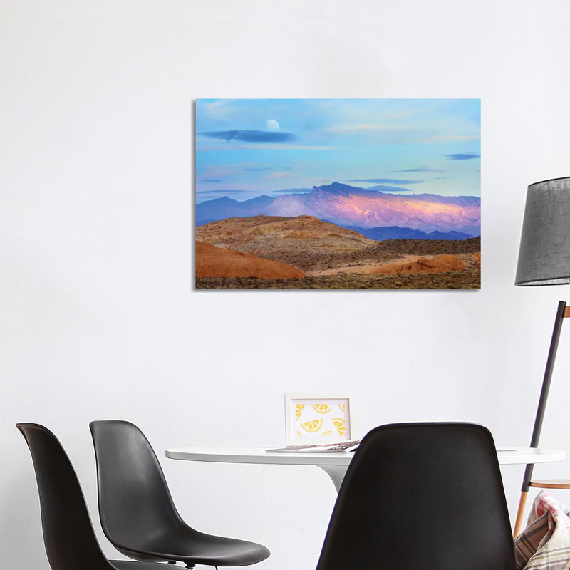 Sunset Lighting up Mountains under a Full Moon in Valley of Fire State Park, Mojave Desert, Nevada 1 Piece Wrapped Canvas Wall Art