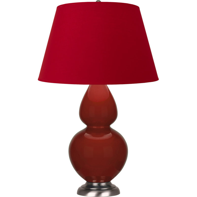 Lampe de table double gourde en céramique, Sang de bœuf glacé / argent antique, Argent argent, Rose rouge / noir encre