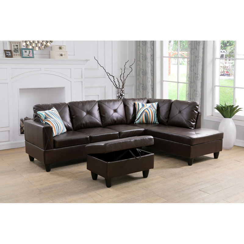 Faux Leather L-Shaped Sectional Left Hand Facing, Dark Brown Faux Leather, Right Hand Facing