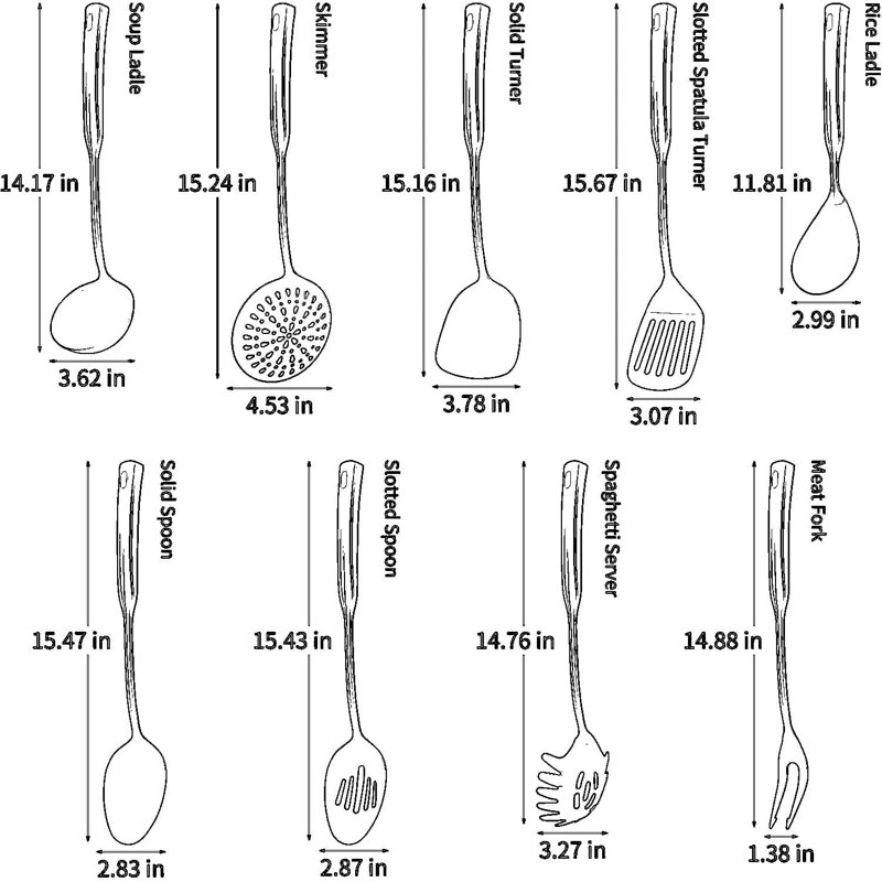 Ensemble d'ustensiles de cuisine professionnel en acier inoxydable 9 pièces avec poignées prolongées résistantes à la chaleur - Comprend un écumoire, une louche, une spatule, une cuillère à rainure, une fourchette à viande et plus encore pour la cuisson et le service