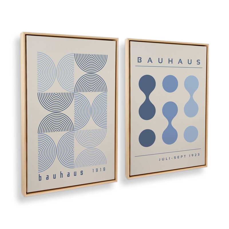Bauhaus Flow and Composition en bleu I, ensemble de 2, Cadre américain en érable flottant, H 19 po x l 26 po